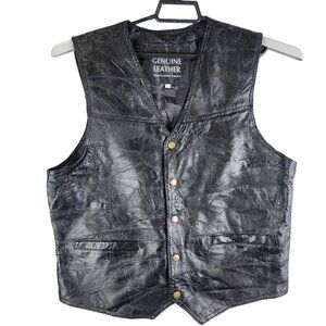 Mens Vintage Navarre Leather Co Black Genuine Leather Biker Vest Button Up XL